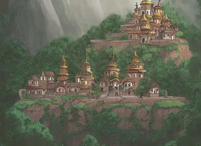 Prompt: view of a monastery on a forested mountain, in the style of studio ghibli, distant, detailed, artstation, award winning illustration,