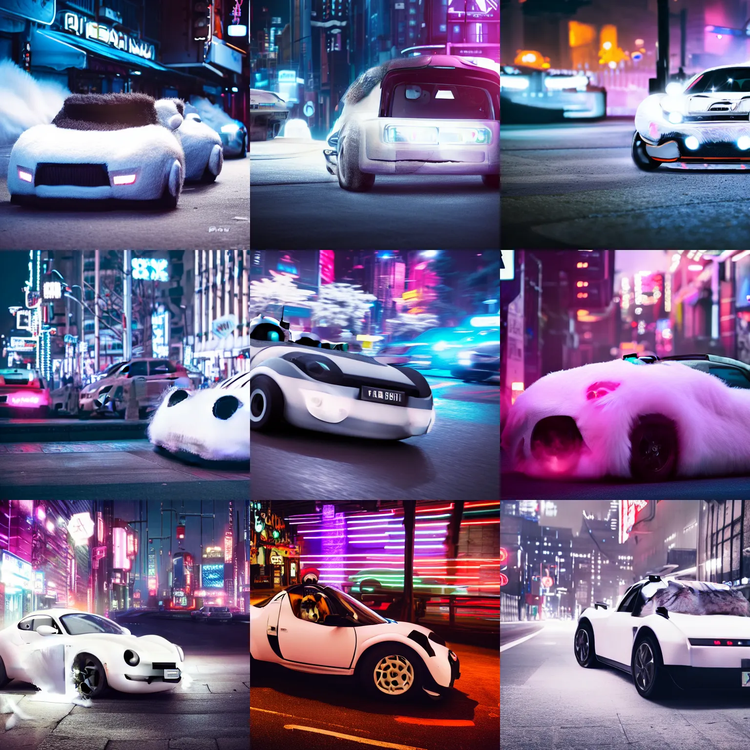 Image similar to a fluffy roadster covered with white fur and looked like a cute panda, with cool headlights, parking in the street, Cyberpunk, neon light, 4k, hd, highly detailed