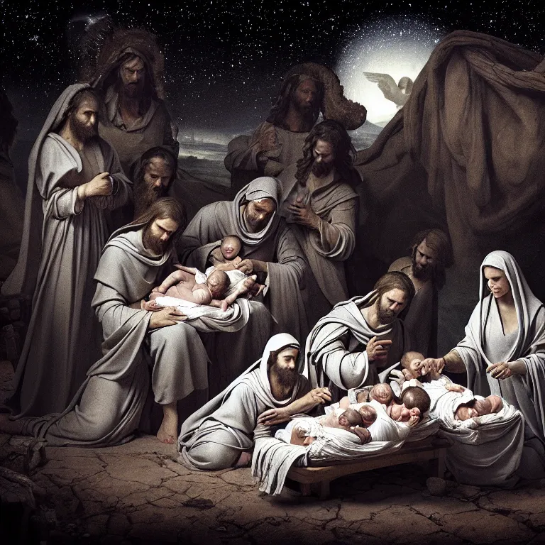 Prompt: ribbed abandoned closeup Nativity of Jesus creche crib birth of Jesus scene on exoplanet, baroque painting, standing in a desolate empty wasteland, creepy, nightmare, dream-like heavy atmosphere, surreal abandoned buildings, beautiful detailed intricate insanely detailed octane render trending on Artstation, 8K artistic photography, photorealistic, chiaroscuro, Raphael, Caravaggio, Beksinski, Giger