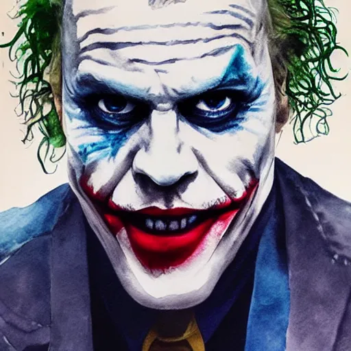 Image similar to heath ledger as the joker underwater, watercolor painting, hyper realistic, 4 k, artstation, smooth