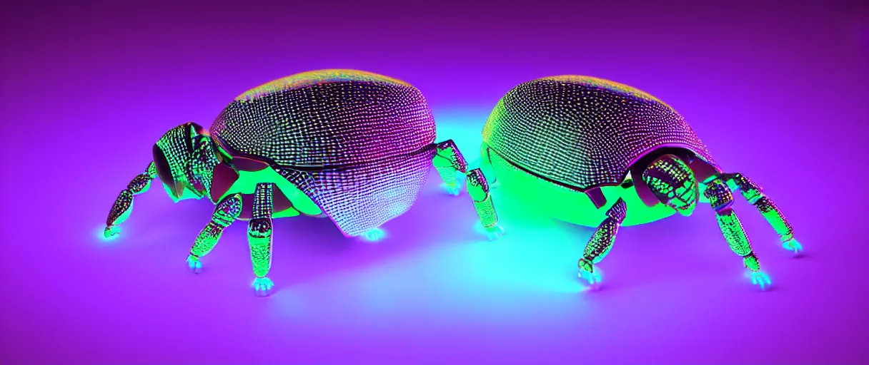 Image similar to hyperrealistic 3d render glowing holographic cyborg scarab! jeweled gorgeous! dramatic purple neon lighting vray high quality low angle hd 8k sharp shallow depth of field