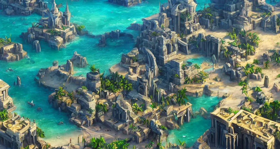 Prompt: ancient city of atlantis with big buildings in gold, asgard, fantasy, magical, cinematic, establishing shot, eye level, wide angle, epic scale, raytracing, volumetric lighting, extremely detailed, sharp focus, coherent, style of sea of thieves, vibrant colors