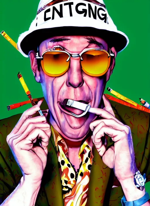 Prompt: Fear & Loathing in Las Vegas style movie poster artwork, Rendering of Hunter S Thompson talking on a rotary telephone at his desk late at night smoking a cigarette with a long filter and wearing a green accountants visor, clean, full of detail, Matte painting, trending on artstation and unreal engine