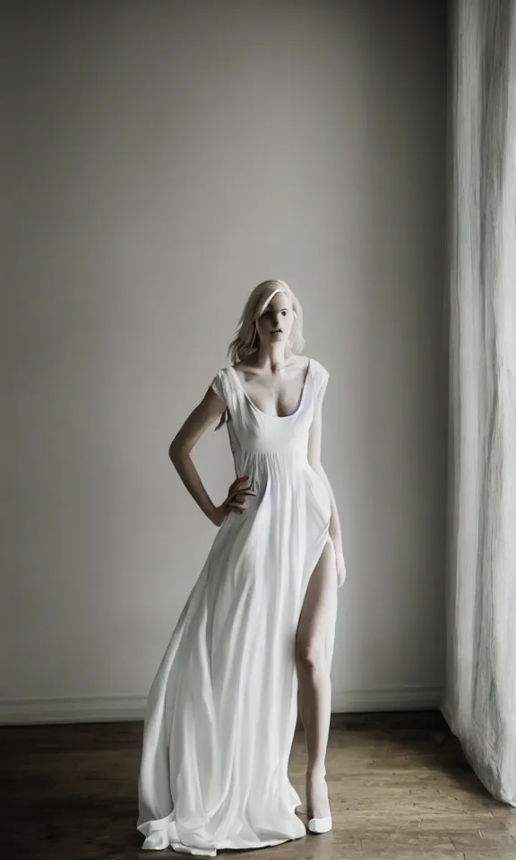 Image similar to photo of gorgeous seductive tall emily skinner cosplaying annie leonhart wearing elegant white dress, wearing open toe heels, in a white room, beautiful face, pale skin, rule of thirds, cinematic lighting, sharp focus, backlit, stunning, smooth, hard focus, full body shot, studio photo, shot on sony a 7 iii