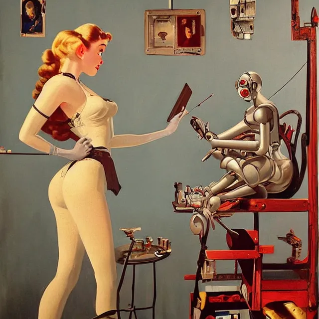 Prompt: robot artist painting a self - portrait on a canvas. intricate, highly detailed, digital matte painting in the style of gil elvgren and in the style of alexandria pyromallis. irony, recursion, inspiration.