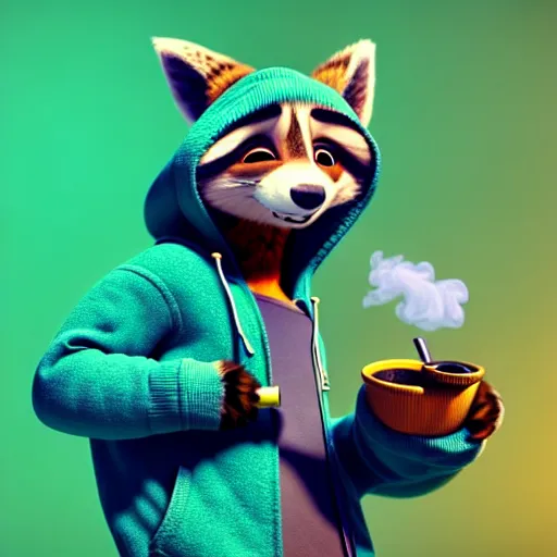 Image similar to a very relaxed stoner with a black hoodie on with a furry raccoon head from zootopia, wearing teal beanie, holding a small vape, blowing out smoke, 3 d render, 8 k, 4 k, extremely detailed fur, wearing a cool marijuana leaf t - shirt