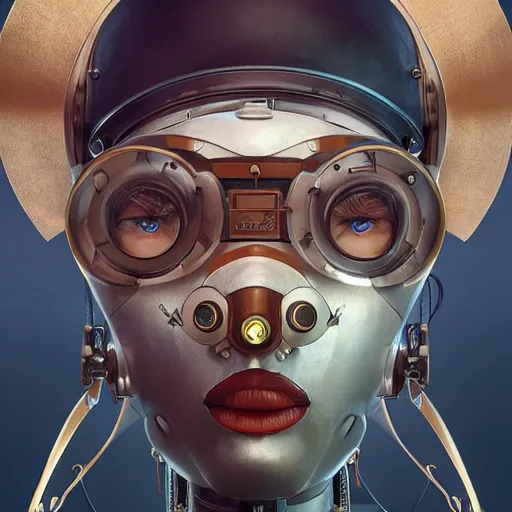 Image similar to portrait of a steampunk robot, highly detailed, professional digital painting, Unreal Engine 5, Photorealism, HD quality, 8k resolution, cinema 4d, 3D, cinematic, professional photography, art by artgerm and greg rutkowski and alphonse mucha and loish and WLOP