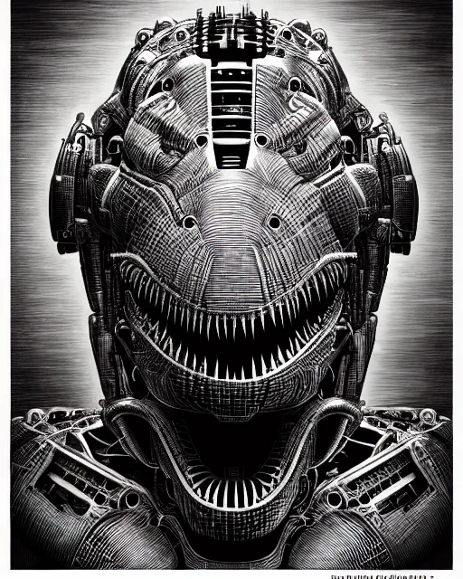 Image similar to mechanical robot trex transformer dinosaur head, bold line symmetrical illustration by peter gric, hr giger, kim jung gi, joe fenton, scifi, screen print, art station, pistons and engine parts, sharp, high contrast, hyper detailed,