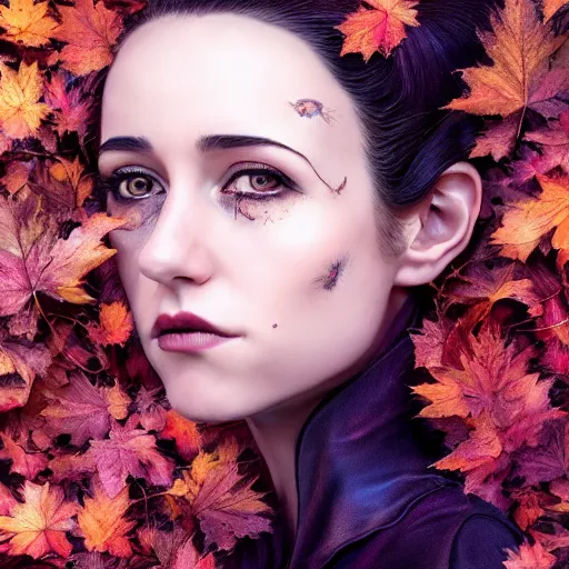 Image similar to gorgeous female stella maeve magician, realistic character concept, medium shot, elegant pose, spooky, illustration, symmetrical face and body, realistic symmetrical eyes, artstation, cinematic lighting, detailed realistic symmetrical eyes, 8 k, charlie bowater, jacob riis, tom bagshaw, single face, insanely detailed and intricate elegant, autumn leaves