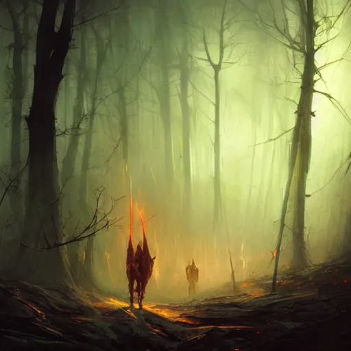 Image similar to ''cinematic shot'' hooded dark demon mage reinccarnating skeletons with golden armor and spears in the dead forest full of monster atmosferic dark foggy made by ivan aivazovsky, peter mohrbacher, greg rutkowski volumetric light effect broad light oil painting painting fantasy art style sci - fi art style realism premium prints available artwork unreal engine