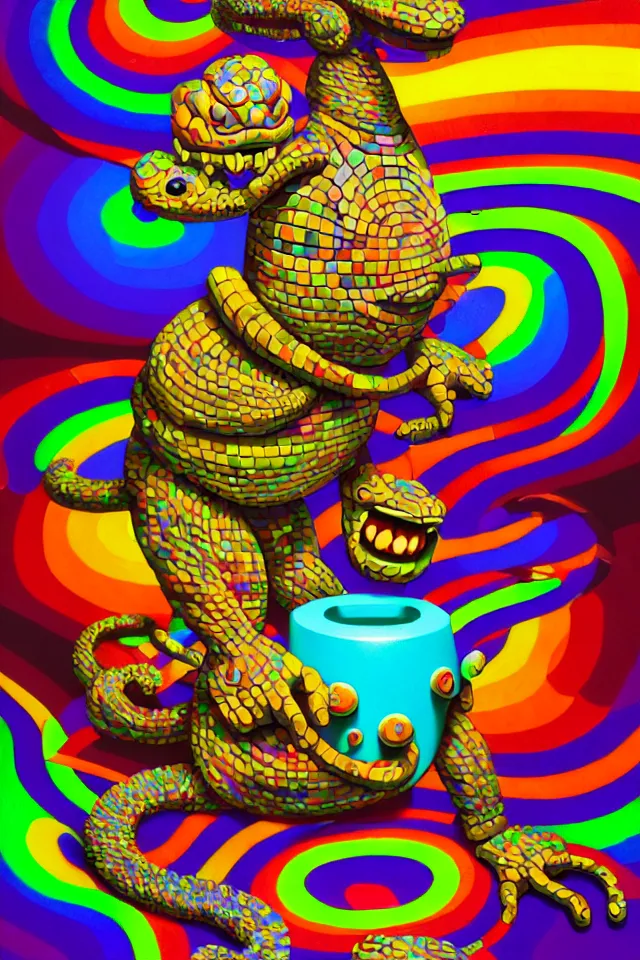 Prompt: portrait of paper mario made out of cobblestone as a psychedelic neural tiki reptile god by naoto hattori, dan mumford, android jones, and chris dyer, deep bold colors, galactic dmt entity, depth of field, intricate beautiful painting, billions of details, octane render, portal, 8 k, detailed vector, trending on artstation, cgisociety