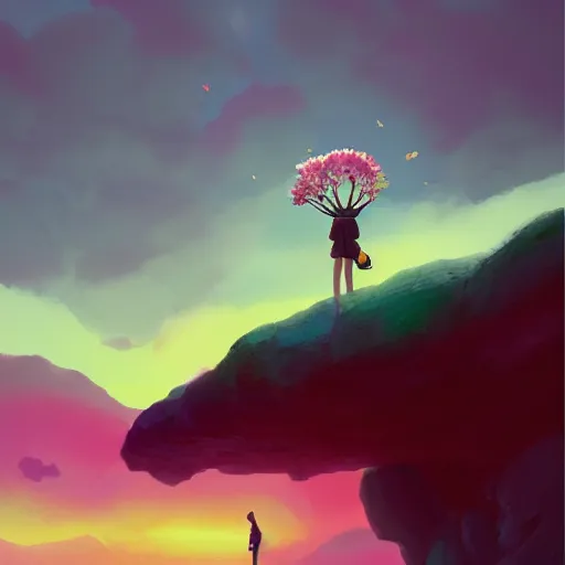 Image similar to giant cherry blossom as a head, girl hiking in a canyon, surreal photography, sunrise, dramatic light, impressionist painting, colorful clouds, digital painting, artstation, simon stalenhag