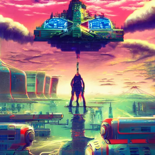 Image similar to a dream of a surreal landscape full of cyber punk computers battling megabytes