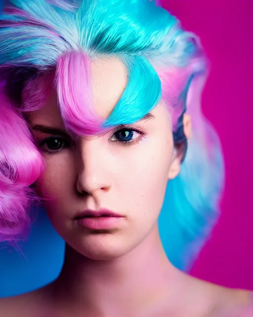 Image similar to a dramatic lighting photo of a beautiful young woman with cotton candy hair. with a little bit of cyan and pink