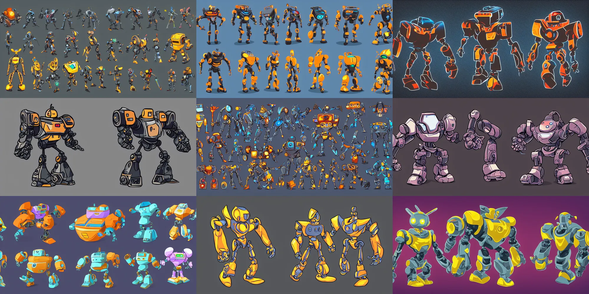 Prompt: game asset of unique robot hero on black background, organic, disney animation color palette, smooth vector lines, toon shading, 5 colors, solid colors, flat 2 d design, 2 d sprites, 8 k, close up