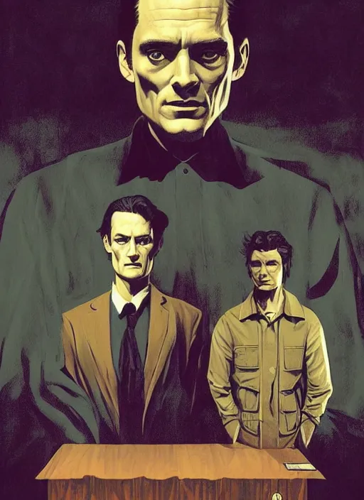 Image similar to Twin Peaks poster artwork by Michael Whelan, Bob Larkin and Tomer Hanuka, Karol Bak of portrait of Hugh Dancy & Mads Mikkelsen arm around each other, chaperone supervising the school dance, from scene from Twin Peaks, simple illustration, domestic, nostalgic, from scene from Twin Peaks, clean