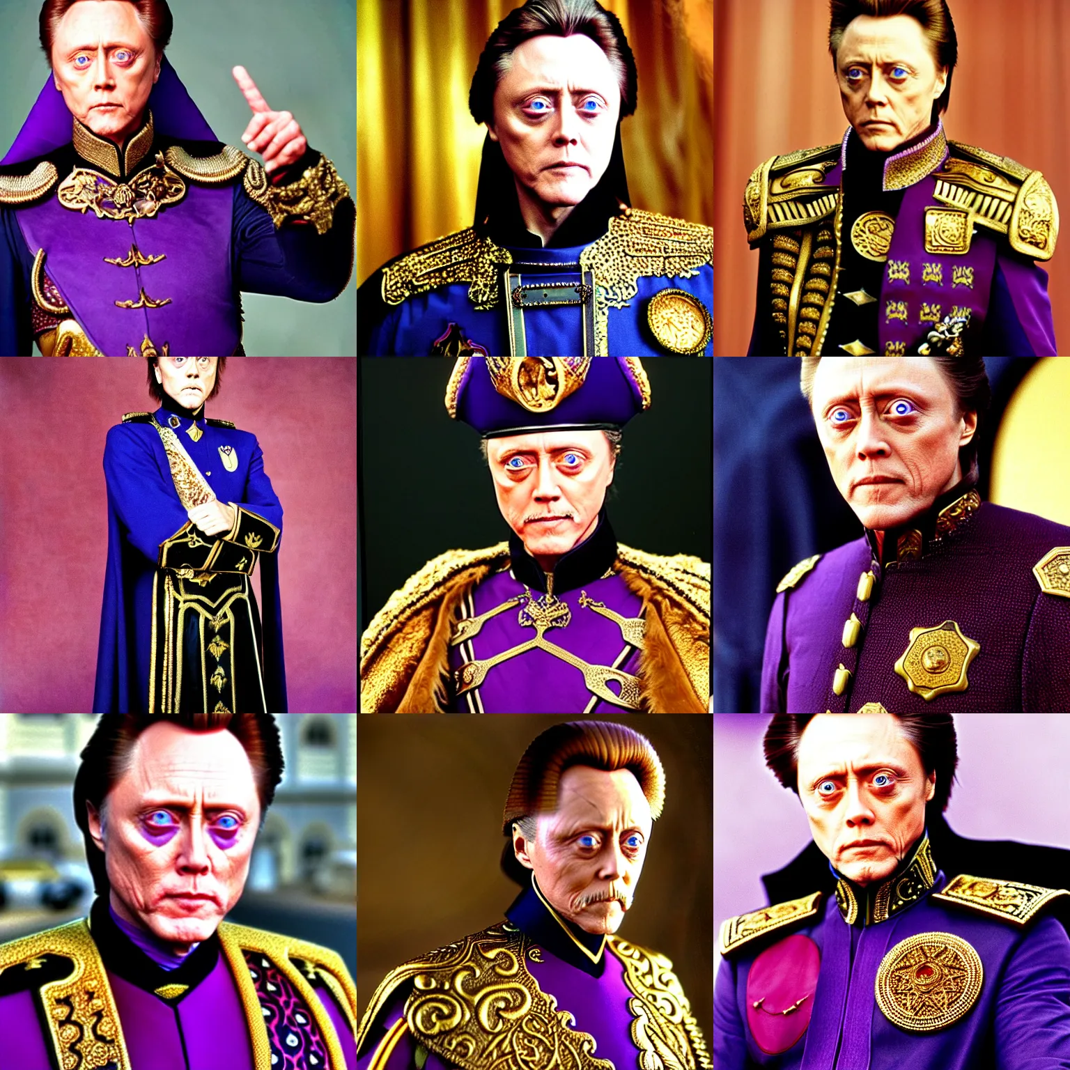 Prompt: Color photograph of Christopher Walken as Emperor Shaddam IV in Dune, wearing ornate purple regal leather uniform, with golden lion emblems, blue-within-blue eyes