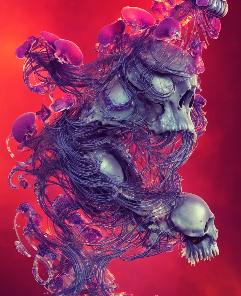 Image similar to goddess close-up portrait animal skull. jellyfish phoenix head, nautilus, orchid, skull, betta fish, bioluminiscent creatures, intricate artwork by Tooth Wu and wlop and beeple. octane render, trending on artstation, greg rutkowski very coherent symmetrical artwork. cinematic, hyper realism, high detail, octane render, 8k