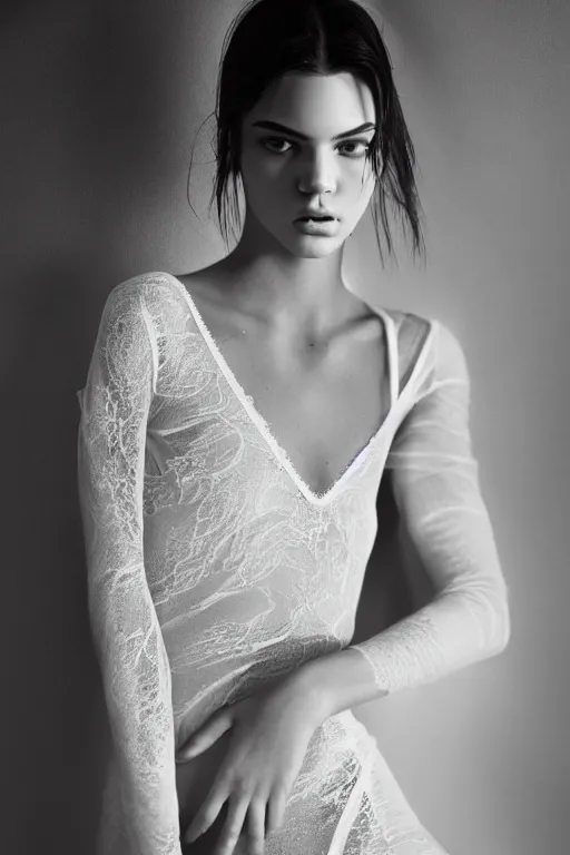 Image similar to emotionnal shot. fragile shy woman looking like Kendall Jenner with sheer dress with plunging neckline and lace sleeves. award-winning fashion photography. intimate and vulnerable lighting. 130mm bw fashion photography .