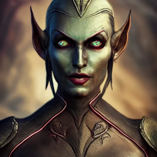 Prompt: the elder scrolls, female dunmer, dark elf, red eyes, nwah, detailed portrait, beautiful face, full size, all body, armor, realistic, morrowind, landscape, detailed face, high quality, photorealistic, 8 k