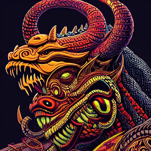 Image similar to side profile of barong family member, wiwek, mara demon, one single tribe member, jungle, one single mask, dark, ancient warrior, snake, bull, lizard, alien, dragon, tribal, inner glow, art by dan mumford and justin gerard