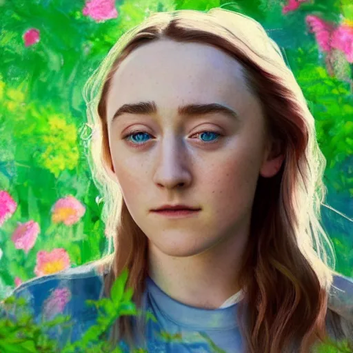 Prompt: a beautiful portrait of Saoirse Ronan's face as she appeared in Lady Bird, surrounded by flowers and foliage, minimalist background, soft pastels - C 9.0