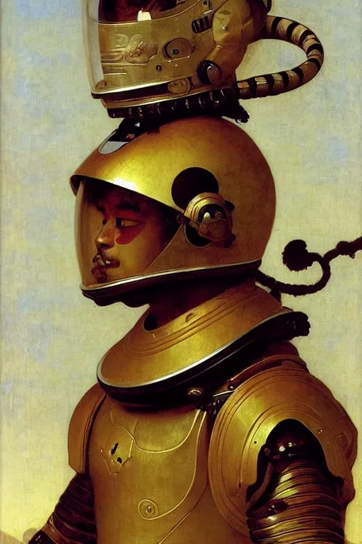 Image similar to portrait of a tiger astronaut with chinese dragon armor and helmet, majestic, solemn, by bouguereau