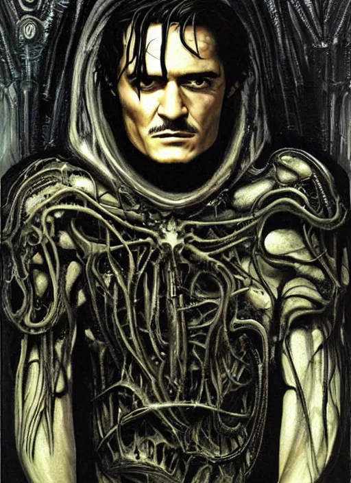 Image similar to orlando bloom, necronom v, painting by h. r. giger