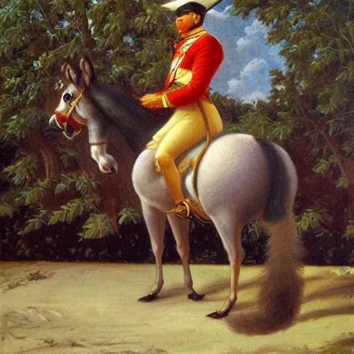 Image similar to napoleon riding a squirrel on the beach with crepe myrtles in the background, oil painting