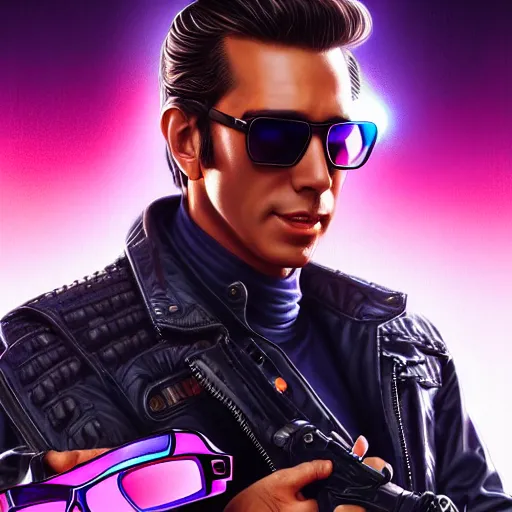 Prompt: arthur fonzareli, being a great, loveable guy, wearing sunglasses, slicked back hair, sci - fi, gritty, shadowrun splash art, art by artgerm, intricately detailed, highly detailed, trending on artstation, 4 k, wallpaper - 1 0 2 4