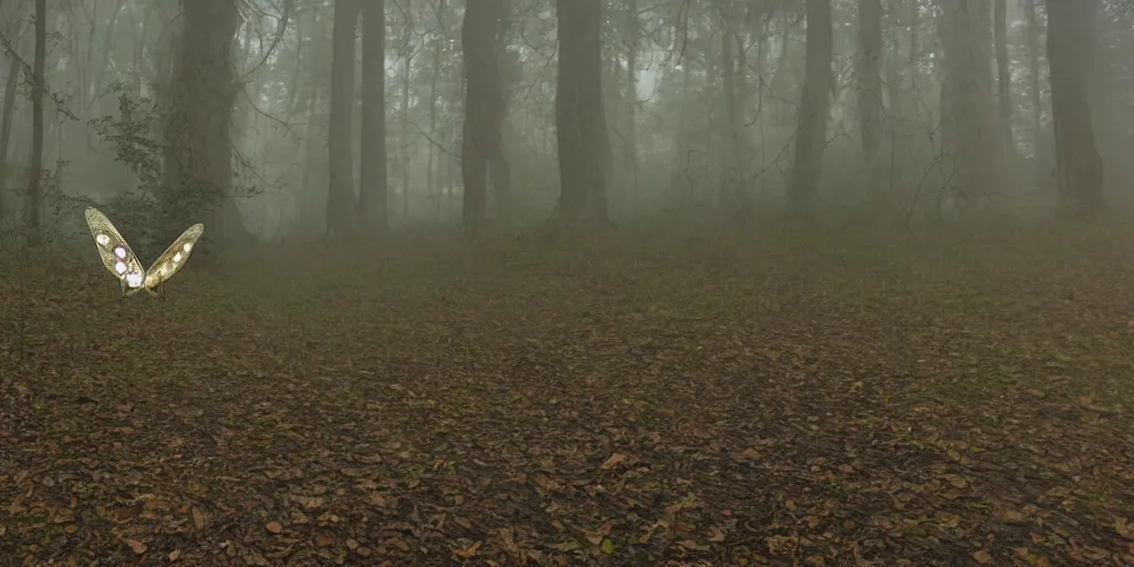 Prompt: Humanoid moth with wings for arms in a forest filled with fog off in the distance looking back at the camera, hyper detailed