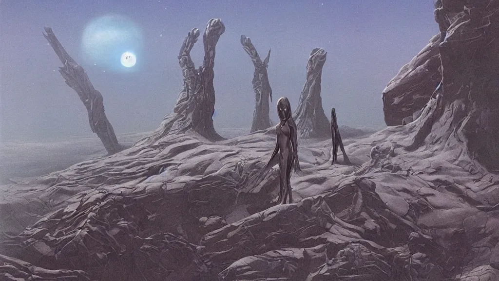 Image similar to eerie atmospheric evolving alien planet by gerald brom and vincent di fate, epic cinematic matte painting