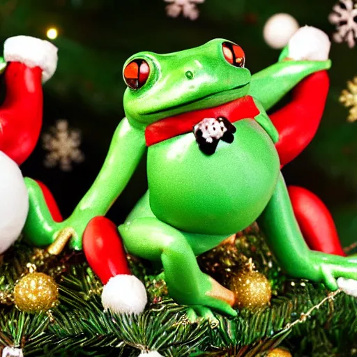 Prompt: two frogs dancing with a pig underneath of a Christmas tree