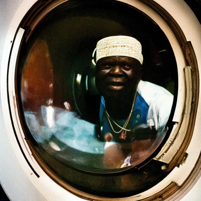 Prompt: analogue photo of an igbo tribal chief inside the orbiter of a space shuttle, looking at porthole window, close-up, colour, photo shot by martha cooper, 35mm,