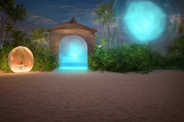 Image similar to a magical glowing portal in the middle of a city that leads to a beach, realistic