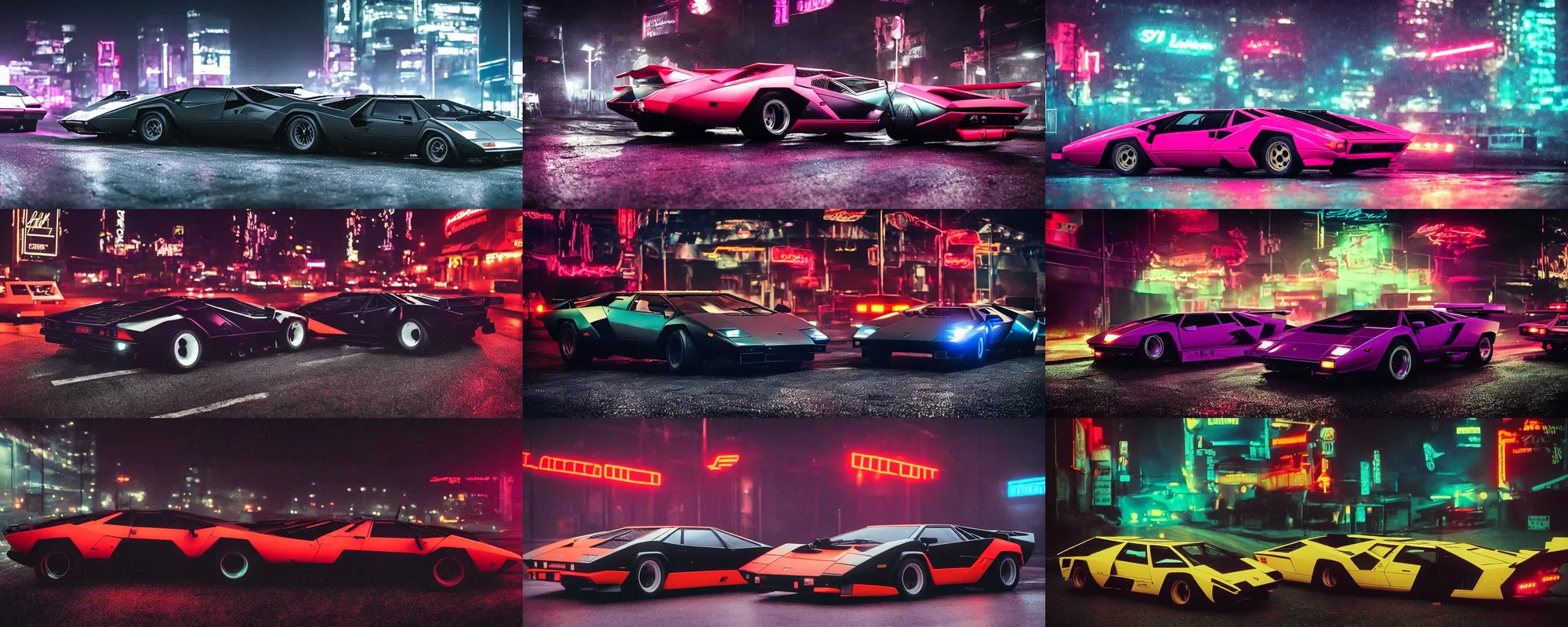 Prompt: lamborghini countach, rainy dark highway, neon lights, synthwave, blade runner