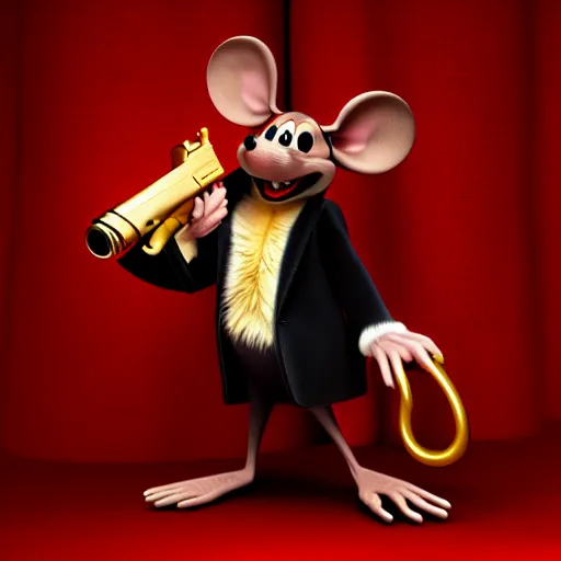 Image similar to 3d anthropomorphic rat, disney pixar, holding pistol, velvet, fur coat, high quality, golden necklace, fendi, high fashion