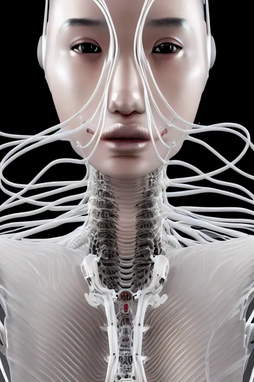 Prompt: young asian woman, iris van herpen, beautiful face, perfect symmetrical body, full body shot, inflateble shapes, wires, tubes, veins, jellyfish, white biomechanical details, wearing epic bionic cyborg implants, masterpiece, intricate, biopunk, vogue, highly detailed, artstation, concept art, cyberpunk, octane render