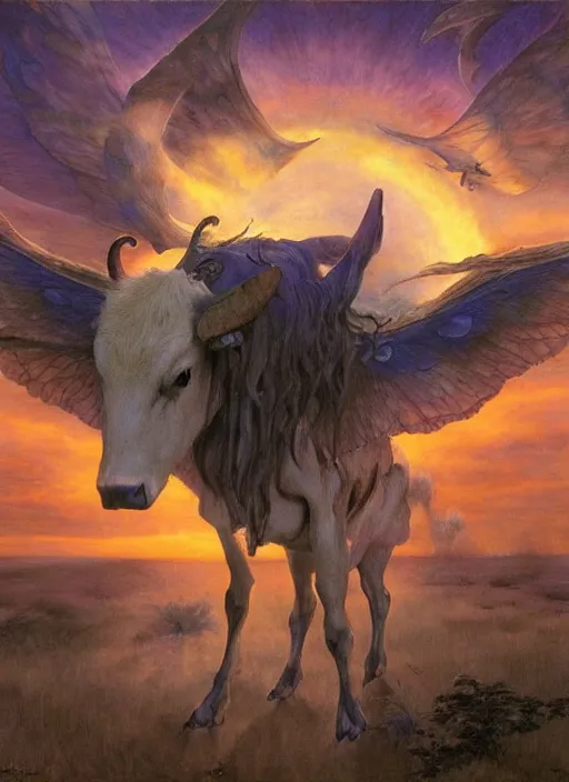 Prompt: fairy cow with wings and magical eyes! sunset by gerald brom, by mikhail vrubel, by peter elson, muted colors, extreme detail, trending on artstation, 8 k