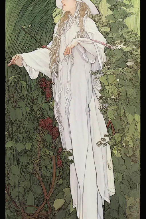 Prompt: Character design of a pure white witch in big witch‘s hat and cape from the Garden of Eden by mucha and range murata