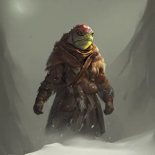 Image similar to anthropomorphic turtle humanoid, carapace, greg rutkowski, blizzard, winter, night, furs, fantasy