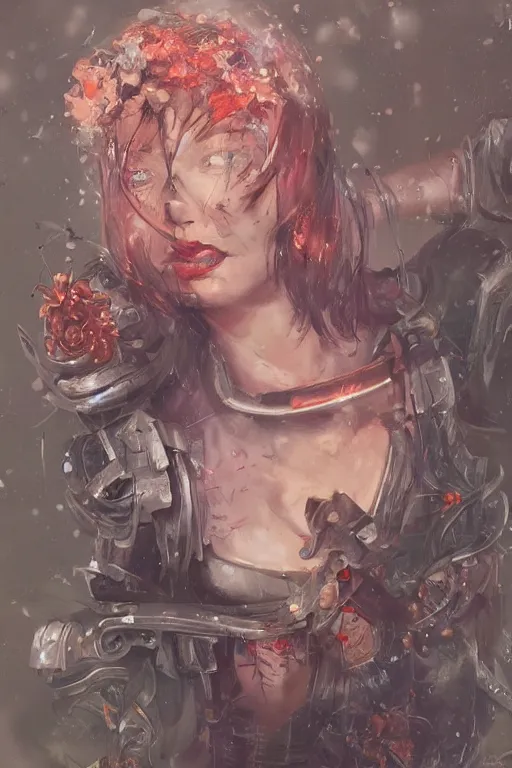 Image similar to portrait of beautiful young mainem, warhammer, japaneese style, cyberpunk armor, a lot of more scars, more and more flowers, orange head, the middle ages, highly detailed, artstation, illustration, art by greg rutkowski, 8 k quality