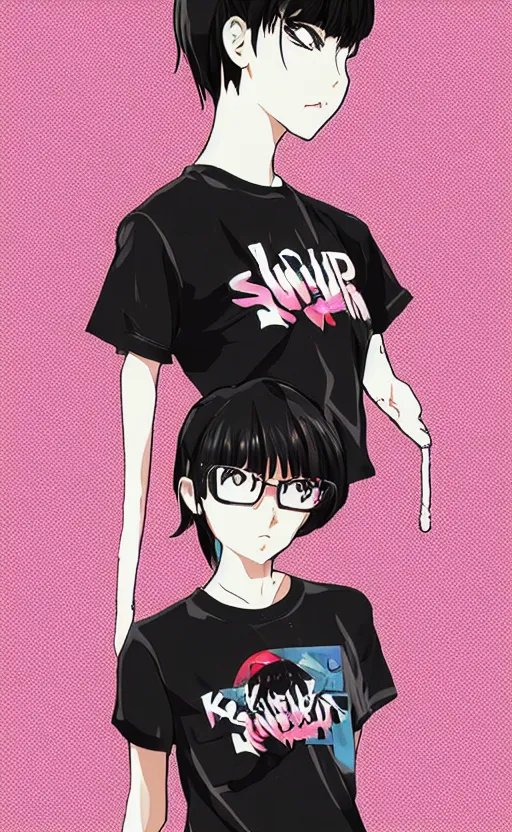 Image similar to shirt art, logo graphic design, anime style, realistic lighting, futuristic solid colors, made by ilya kuvshinov, sold on sukebannyc, front portrait of a girl, jpop clothing, sneaker shoes, arcade cabinet in background