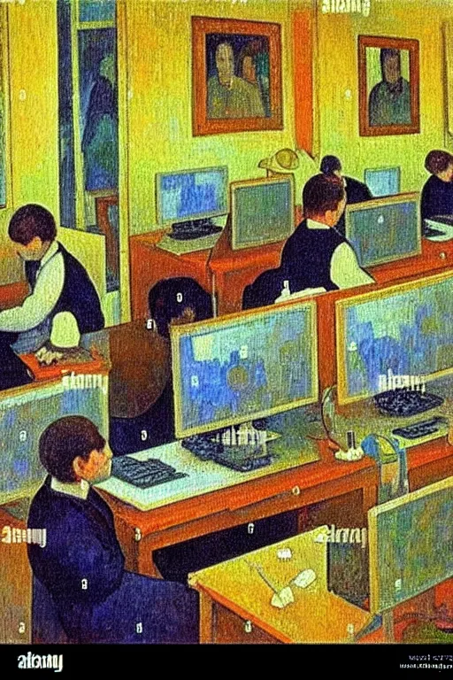 Prompt: oil painting highly detailed computer workers in office painted by paul gaugin, impressionism