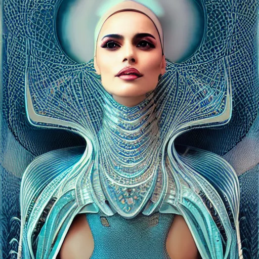 Image similar to a beautiful arabian woman wearing a futuristic dress by alexander mcqueen, thom browne, karol bak, ayami kojima, artgerm, arabian beauty, blue eyes, smile, futuristic, organic dress, pattern, concept art, fantasy