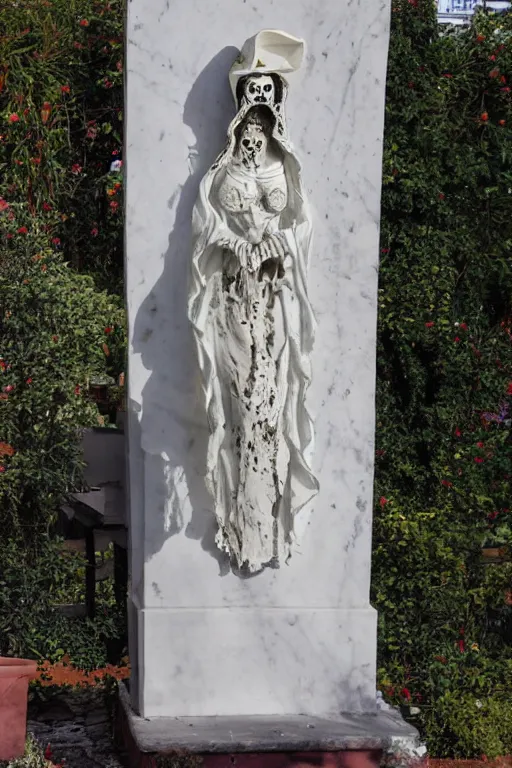 Image similar to full body of La catrina statue sculpted on white marble with blood stains by Bernini and kris kuksi