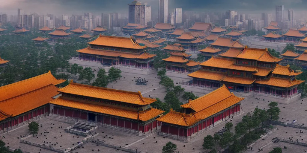 Image similar to a very high resolution image from a new movie, cyberpunk building and forbidden city, front view, photorealistic, photography, directed by wes anderson