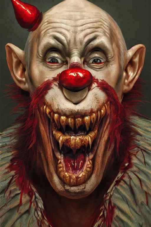 Image similar to photorealistic portrait photograph of vladimir putin as a pathetic goblinoid demon clown, kobold, upper body, fantasy, bloody, depth of field, soft focus, highly detailed, intricate, realistic, national geographic cover, soft glow, textured, artstation, concept art, sharp focus, illustration, art by artgerm and greg rutkowski and alphonse mucha