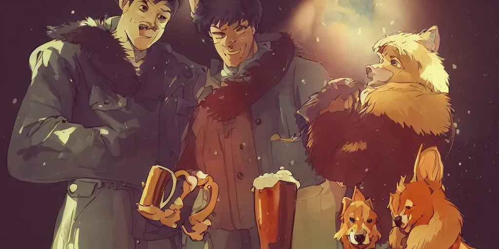 Image similar to a two german shepherds beast - men, holding a mug of beer, a lot of pockets, fur cape, tavern background, magical, bright, colorful, fantastic lighting, amazing details, 4 k uhd, illustration by hayao miyazaki and makoto shinkai and ilya kuvshinov, artstation, pixiv,