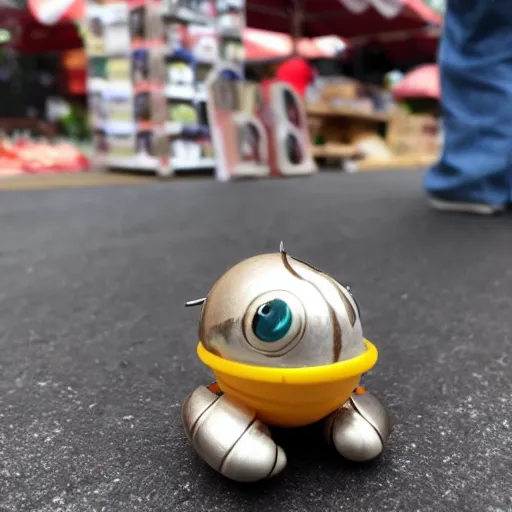 Prompt: photo of a tiny robot mecha snail on an apply at the farmers market